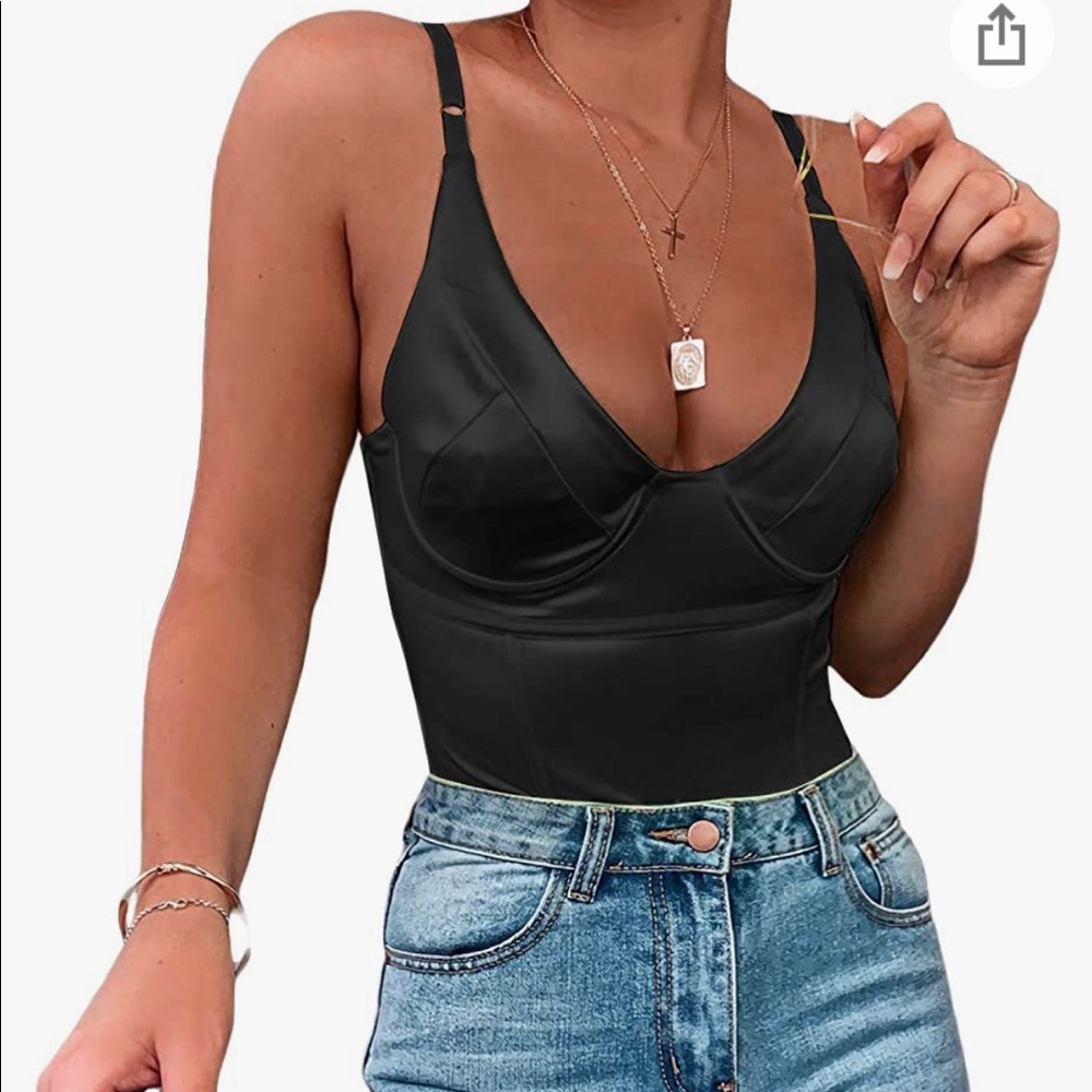 WORN ONCE 🖤 Sexy Deep V Neck Shiny Thong Bodysuit Tank Tops with Underwire